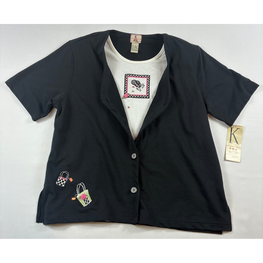 K Wear by Koret Cardigan Top Women Large Black White NWT Embroidered Vintage